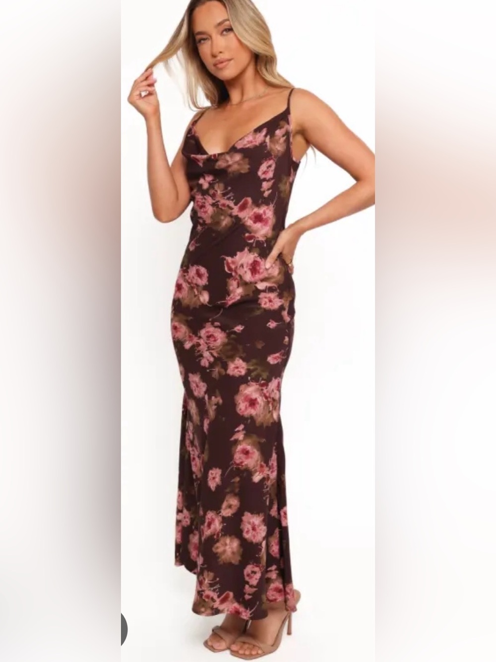 Persaya Brown Maxi Dress with Pink Floral Print
